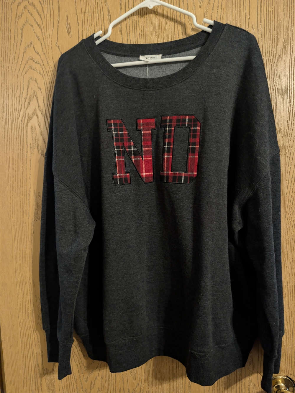 Maurices Charcoal Crewneck Sweater with Red Plaid 'ND' Applique